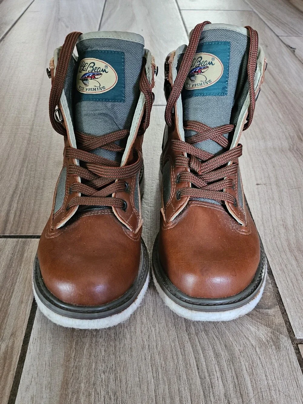 L.L.Bean Fly Fishing Hiking Boots Men's 9 Brown Leather Canvas Lace Up V826.